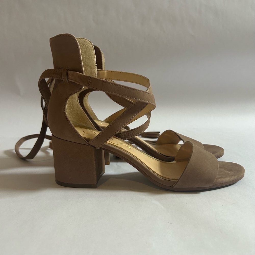 Jessica Simpson Tan Lace Up Block Heel Sandals Tassel Gladiator Strappy Heel 8.5 - Picture 7 of 13